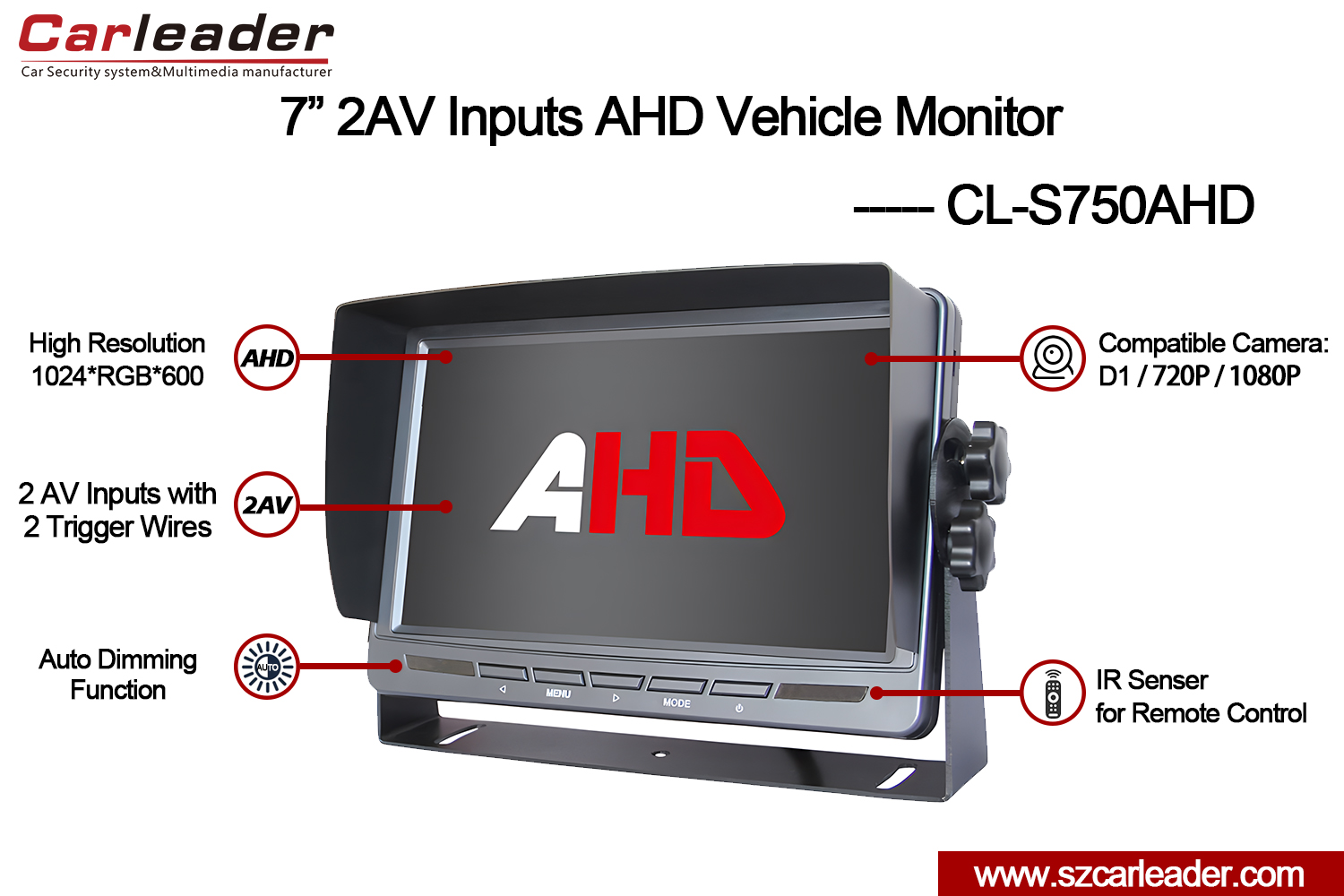 7 inch 2AV AHD Reversing Monitor for Truck