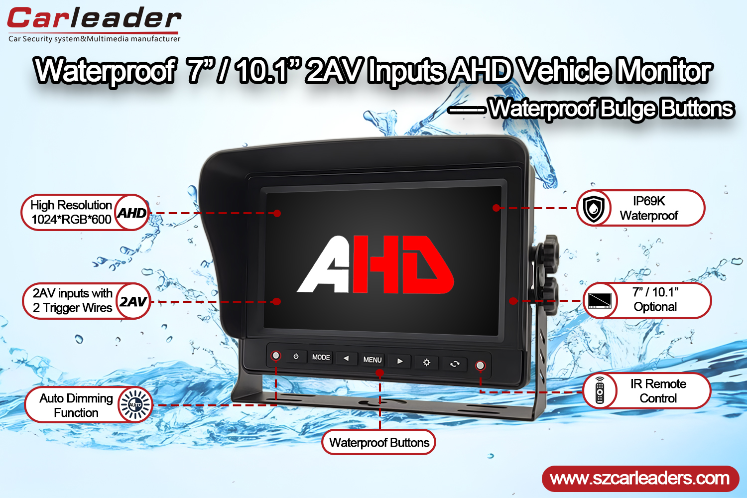 7 Inch AHD IP69K Car Rear View Waterproof Monitor